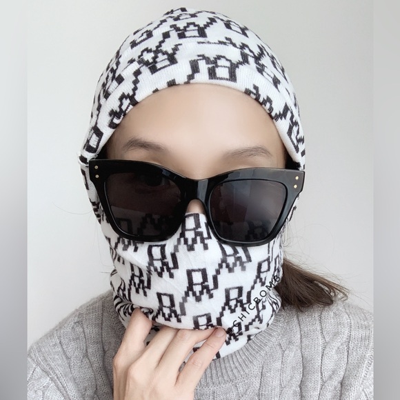 MONOGRAM KNIT BEANIE AND INFINITY NECK WARMER - WHITE BLACK PRINT 2 PIECE - Picture 2 of 6